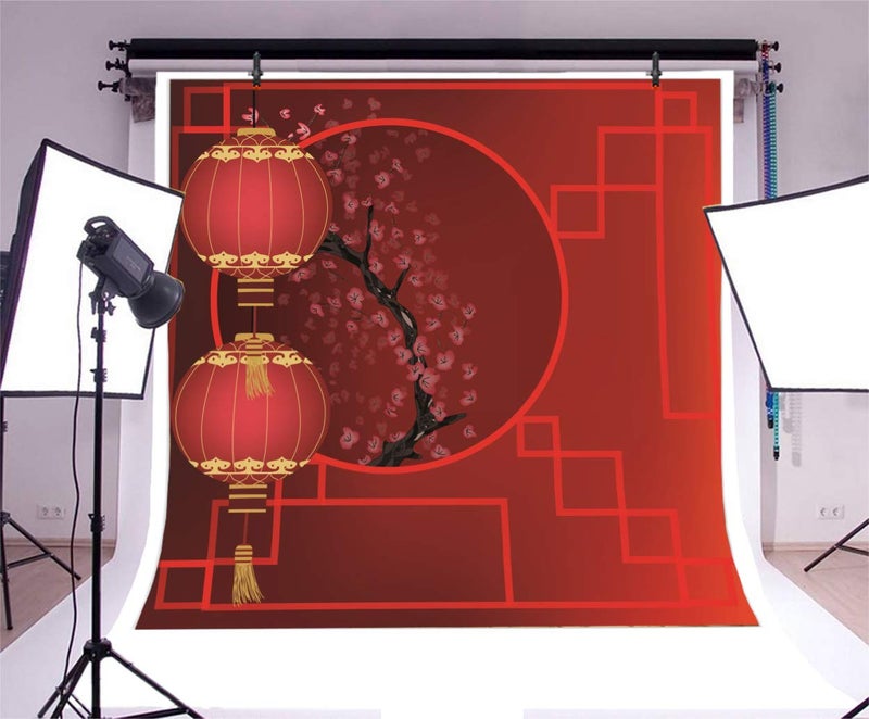AOFOTO 5x5ft Chinese Lunar New Year Red Lanterns Backdrop Traditional Spring Festival Decoration Ancient Pane Window Plum Blossoms Red Photography Background Oriental Asian Theme Home Decor Props - Image 3